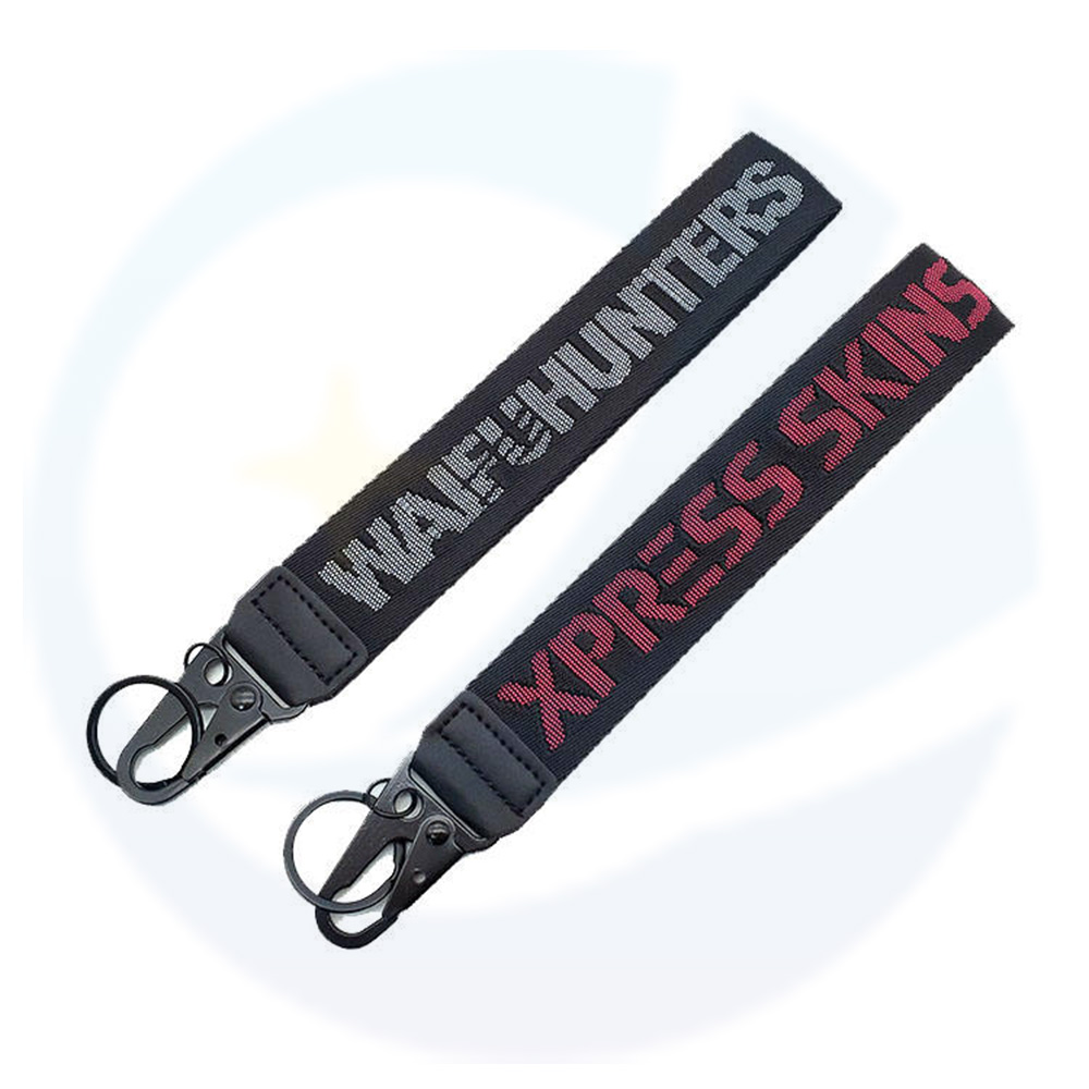 Wholesale Custom Keychains Carabiner Jacquard Logo Key Tag Keychain Woven Key Strap Hand Wrist Lanyard Key Chain with Carabiner
