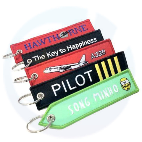 Custom Woven Cotton Move Flight Airplane Embroidery Keychain Crew Embroidered Key Tag For Car Motorcycle Bag Cat Keychain