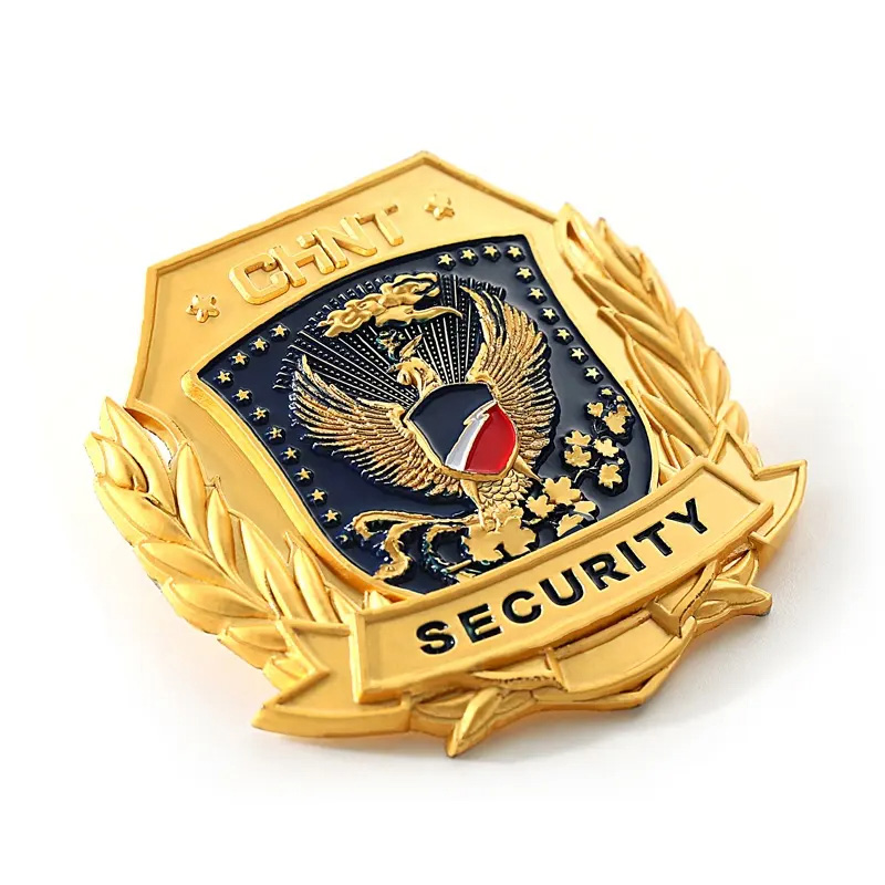 Custom Enamel Logo 3D Gold Metal Badge Curved Screw+ Nut Security Officer Police Badge