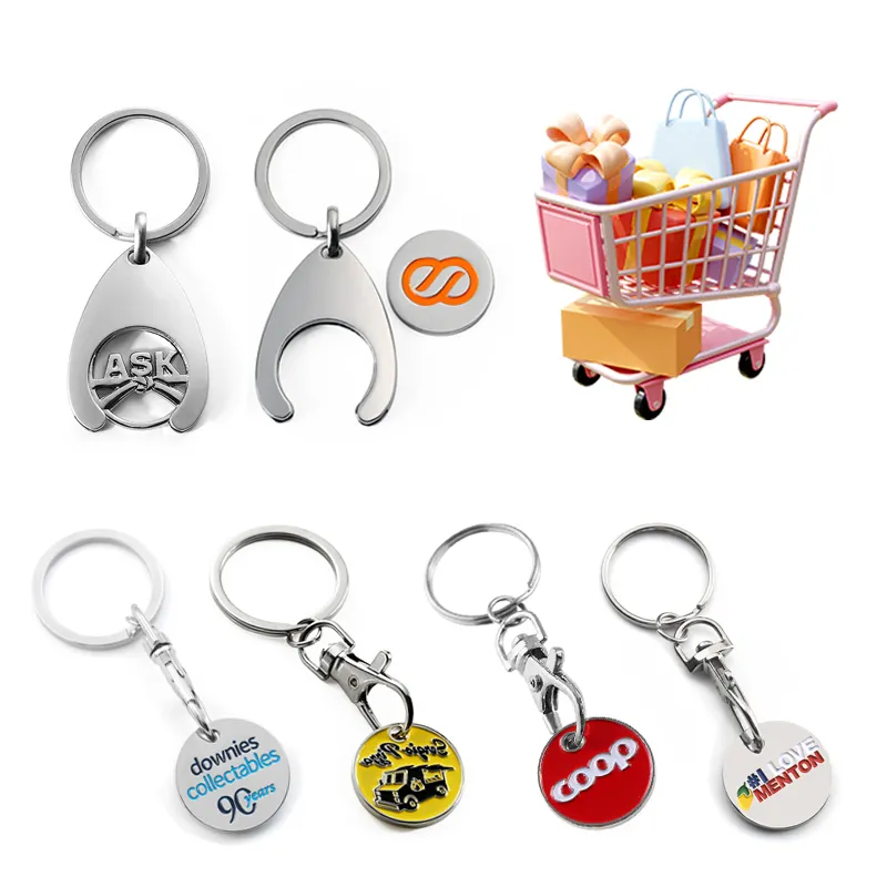 Factory Custom Metal Key Holder Trolley Token Key Ring Uk Shopping Trolley Coin Holder Keychain For Shopping Cart