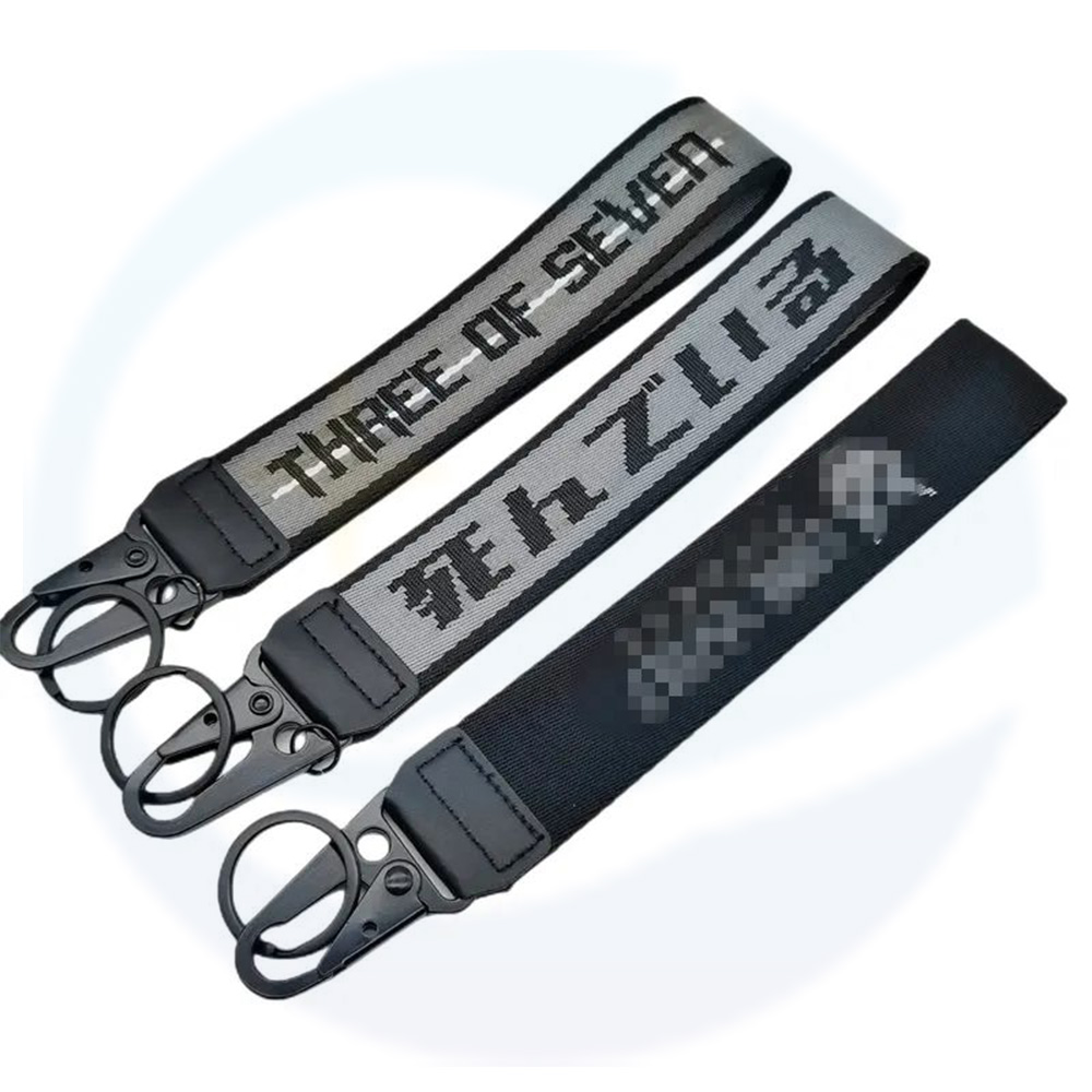 Wholesale Custom Keychains Carabiner Jacquard Logo Key Tag Keychain Woven Key Strap Hand Wrist Lanyard Key Chain with Carabiner