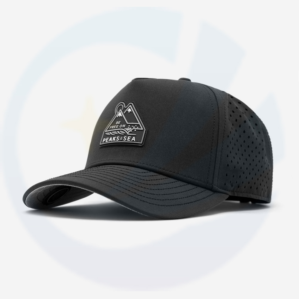 For Men Custom PVC Patch 5 Panel Black Laser Cut Perforated Hole Quick Dry Baseball Structured Dad caps performance golf hat