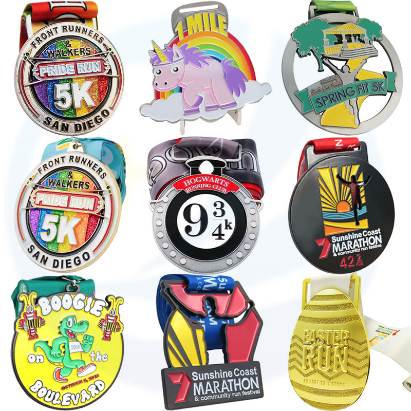 customized brushed silver metal 5K logo shaped enamel run medal color