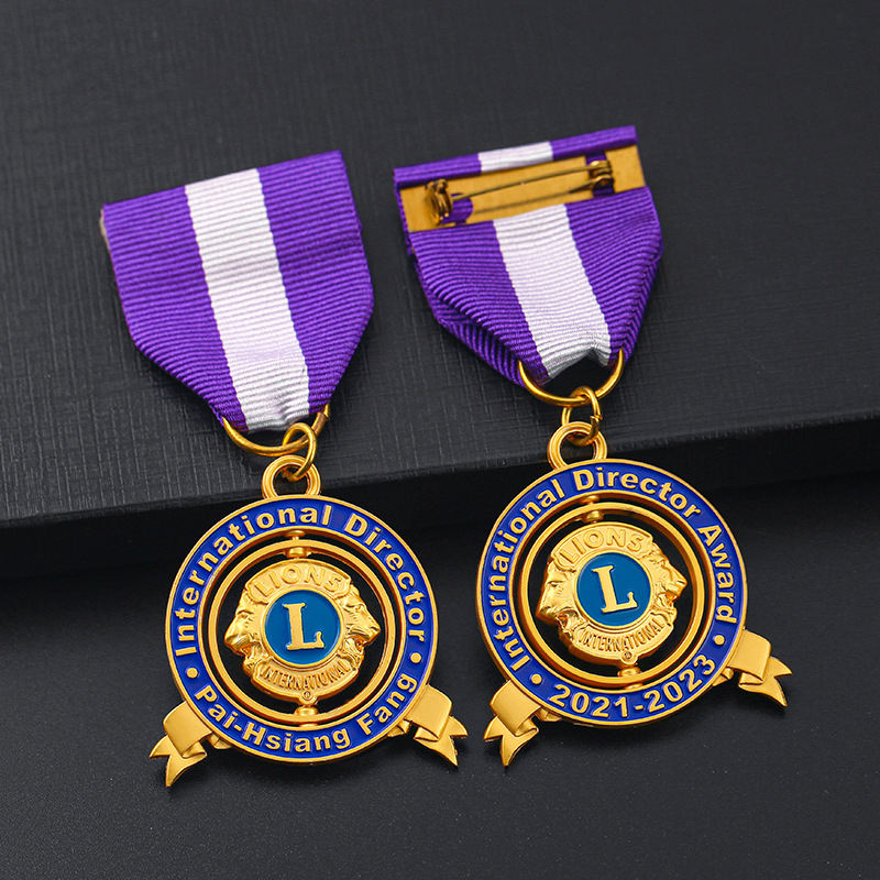 Metal Custom 3D Lions Club Lapel Pin Medallas De Metal Honorable Medal Campaign Event Rotating Medals With Short Ribbon