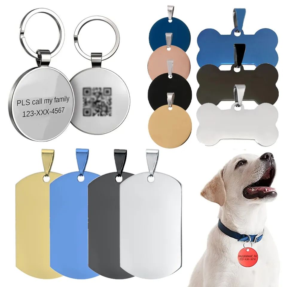 Custom Laser Engraving Logo Pet Tag Metal Blank Sublimation Dog Id Tags Stainless Steel Silver Key Dog Tag with Keychain