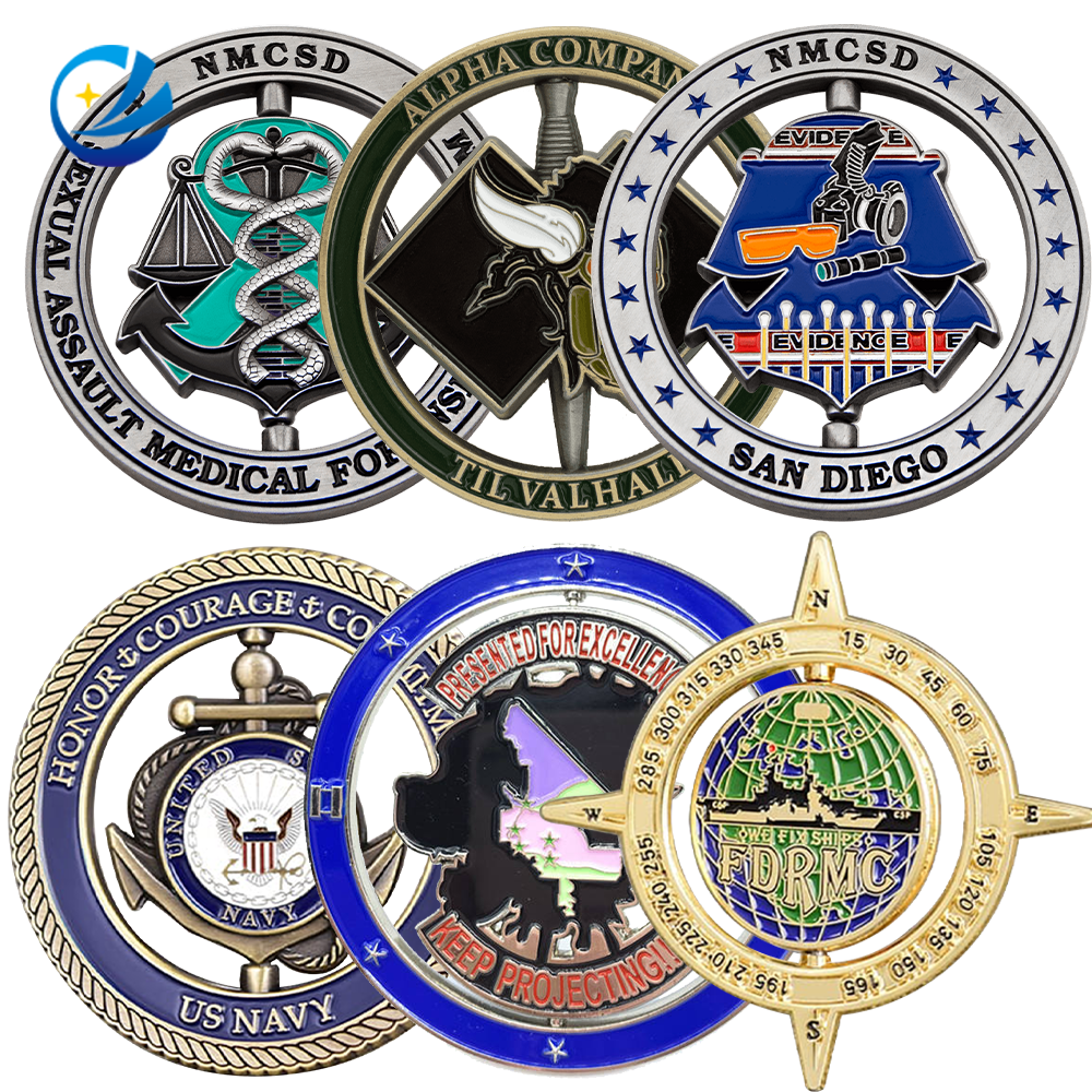 promotional custom own design solid silver brass/copper crafts 2d 3d rotating spin challenge coins