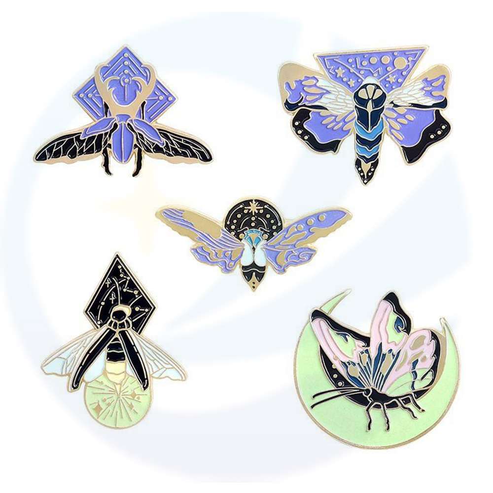 Wholesale Custom Beautiful Animal Moth Glowing Lapel Pin Badge Metal Glow Luminous Soft Enamel Butterfly Pin for Backpack