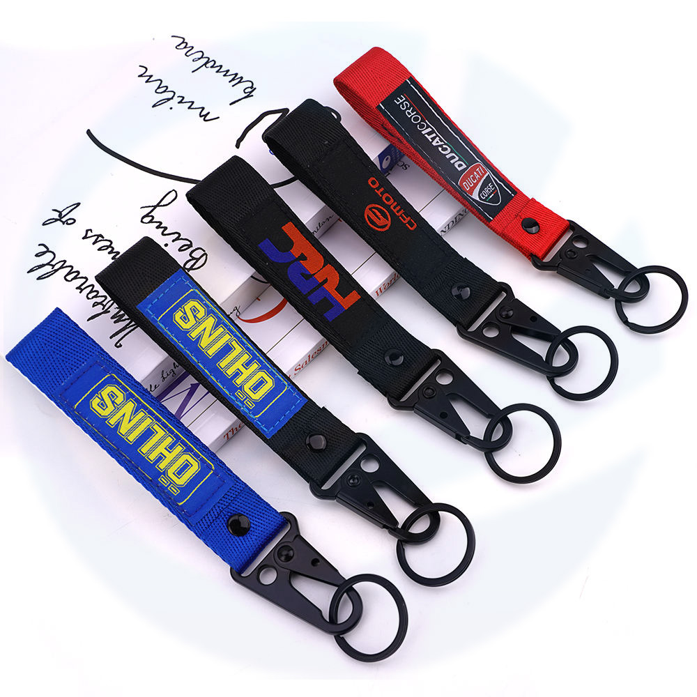 Custom Logo Promotional Keychains Carabiners Printing Short Lanyard Woven Logo Wrist Lanyard Motorcycle Keychain