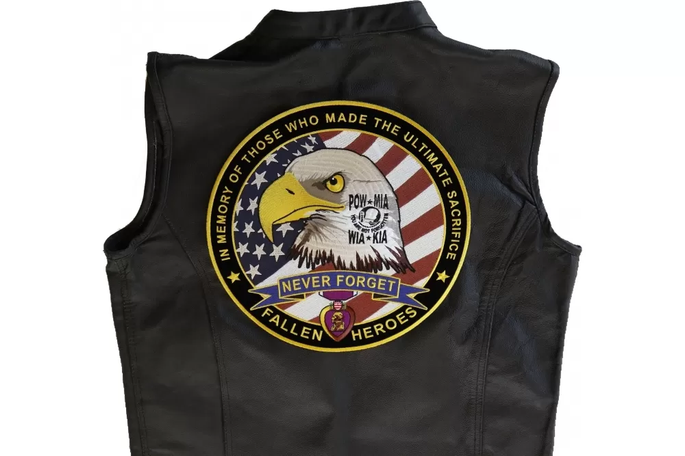 Fallen Heroes Never Forget POW MIA WIA KIA In Memory of Those Who Made The Ultimate Sacrifice Patch, Large Patriotic Patches shown on leather vest