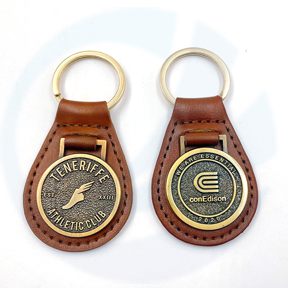 Custom High Quality Leather Key Chain And Ring Antique Gold Metal Keychains
