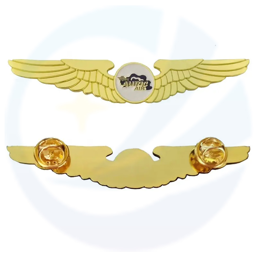 Custom Metal Company Logo Shiny Gold Flight Airline Badge Aviator Eagle Wings Lapel Pin Chest Emblem