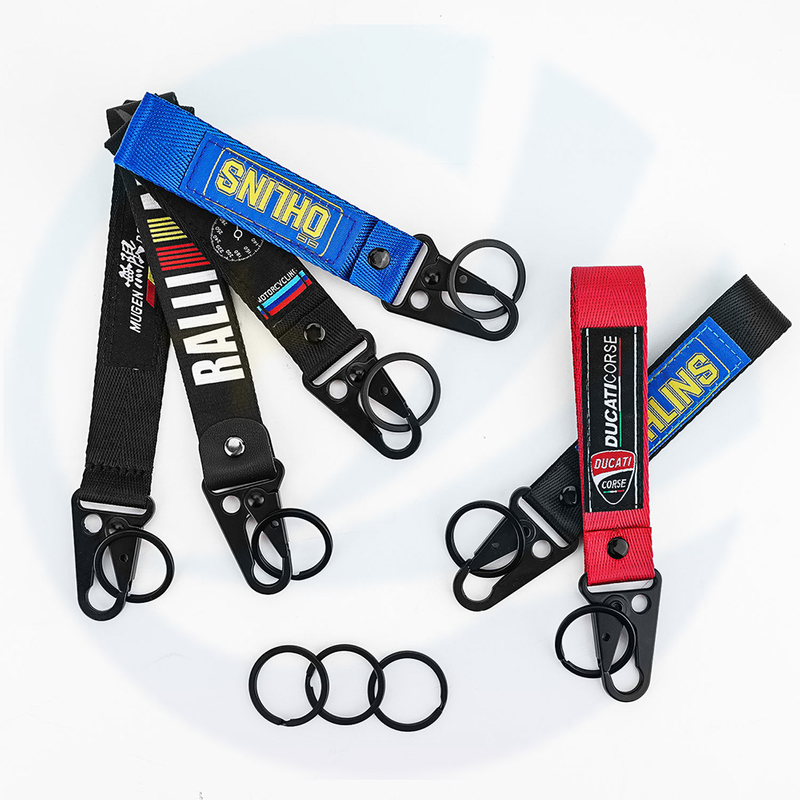 Custom Logo Promotional Keychains Carabiners Printing Short Lanyard Woven Logo Wrist Lanyard Motorcycle Keychain