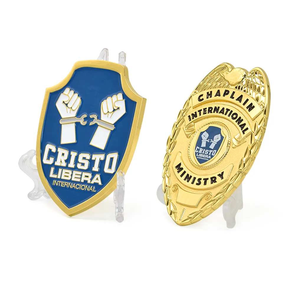 Badge Maker Custom Metal Embossed 3d Enamel Gold Plating Security Detective Chaplain Cristo Libera International Ministry Badge with Your Own Design