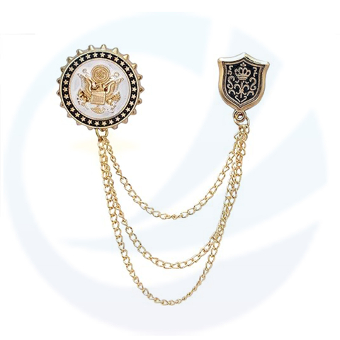 Knighthood Royal Gold Badge With Gold Stars,White Enamel and Shield Lapel Pin/Brooch with chain for Men