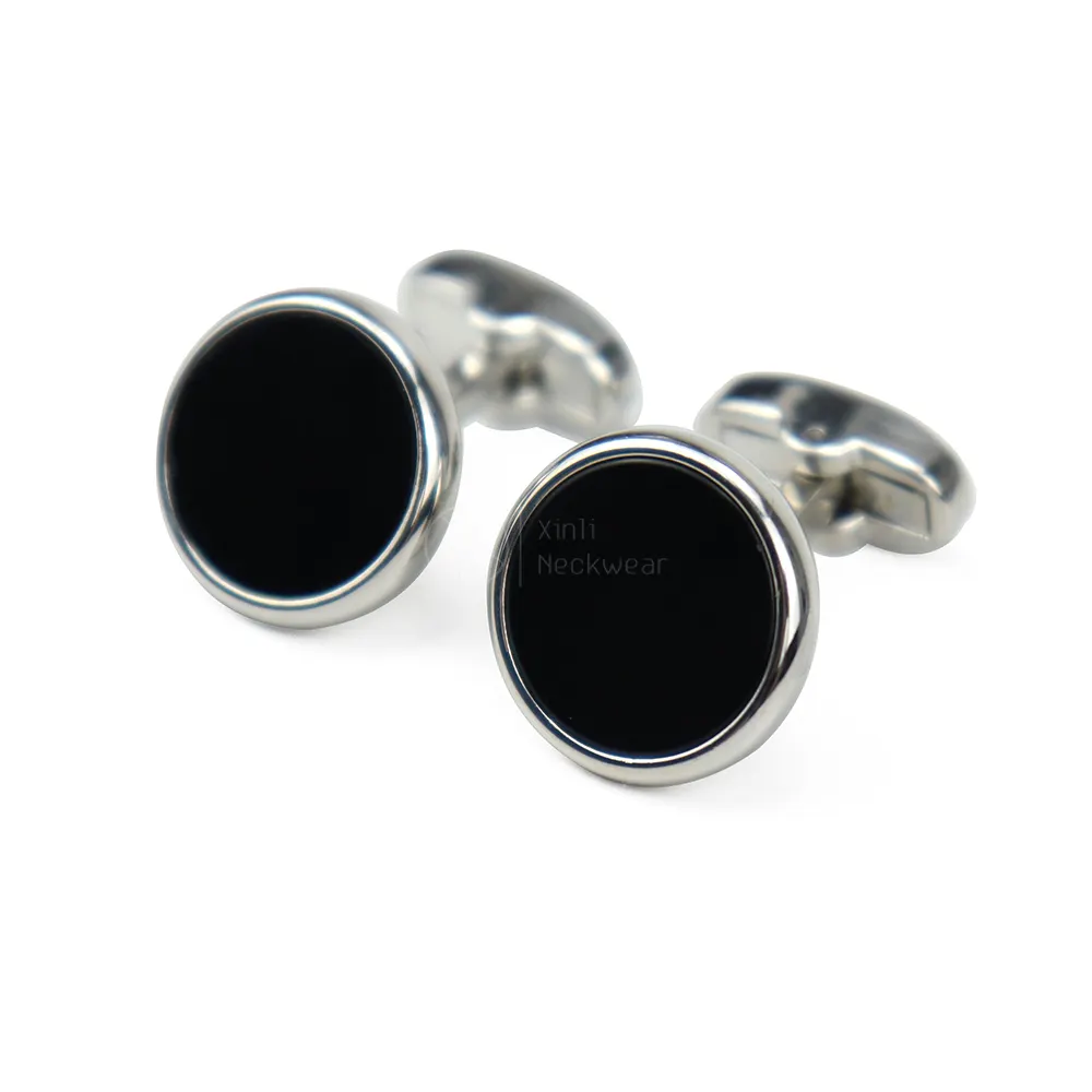 Vintage Designer Silver Brass Shirt Button Cufflink Designer Round Curved Beveled Black Onyx Cufflinks for Tuxedo