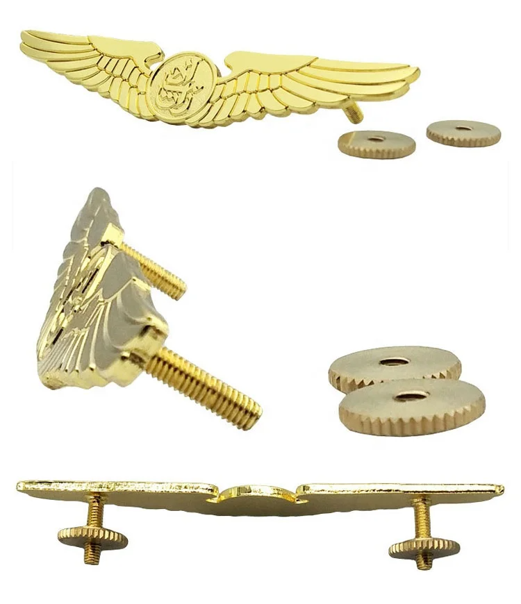 Custom Logo Metal 3D Shiny Gold Airplane Aviator Soft Enamel Aircraft Flight Eagle Pilot Wings Lapel Pin Badge For Uniform