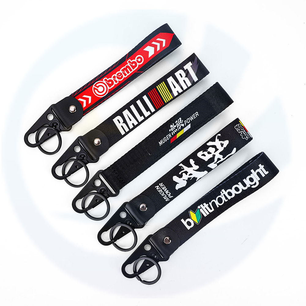 Custom Logo Promotional Keychains Carabiners Printing Short Lanyard Woven Logo Wrist Lanyard Motorcycle Keychain