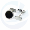 Vintage Designer Silver Brass Shirt Button Cufflink Designer Round Curved Beveled Black Onyx Cufflinks for Tuxedo