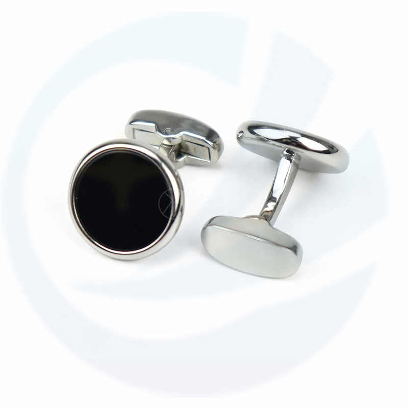 Vintage Designer Silver Brass Shirt Button Cufflink Designer Round Curved Beveled Black Onyx Cufflinks for Tuxedo