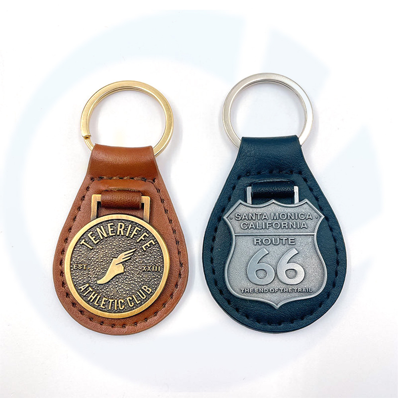 Custom High Quality Leather Key Chain And Ring Antique Gold Metal Keychains
