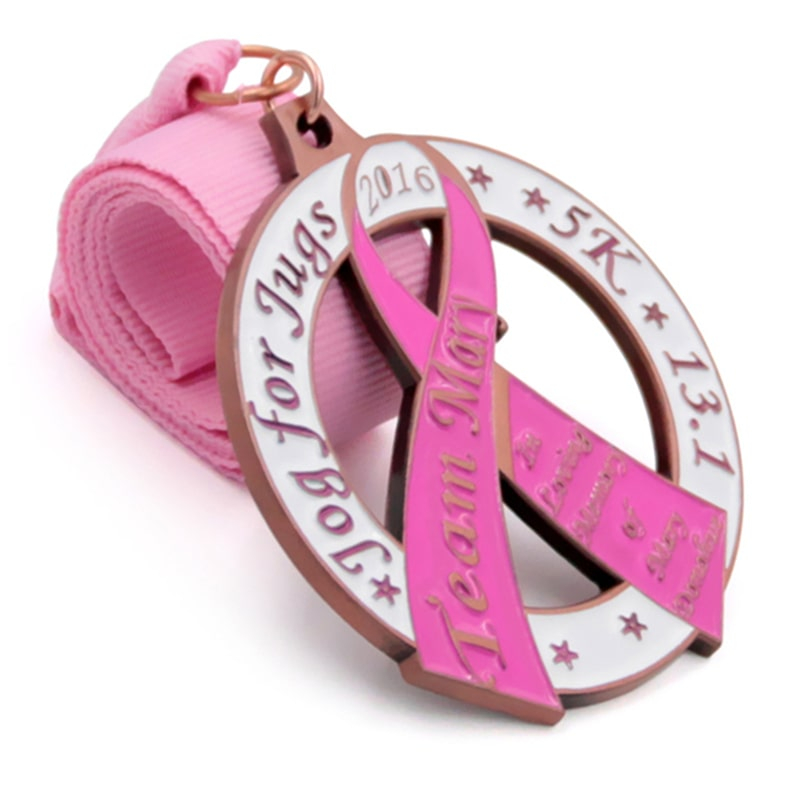 Customized pink ribbon breast cancer awareness charity 5k marathon metal enamel medal