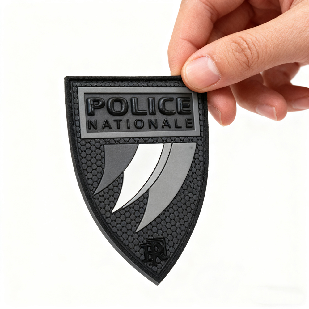 Custom 3D PVC French Style Grey Patch Soft Rubber Emblem Badge with Hook and Loop Backing for Uniform and Outdoor Gear