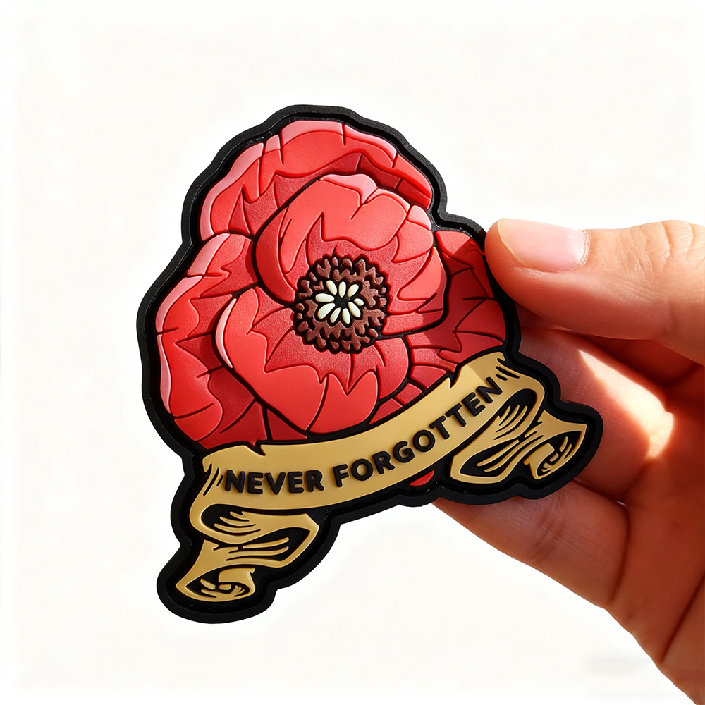 Custom “Never Forgotten” Poppy PVC Patch Soft Rubber Red Flower Memorial Badge Hook and Loop Backing