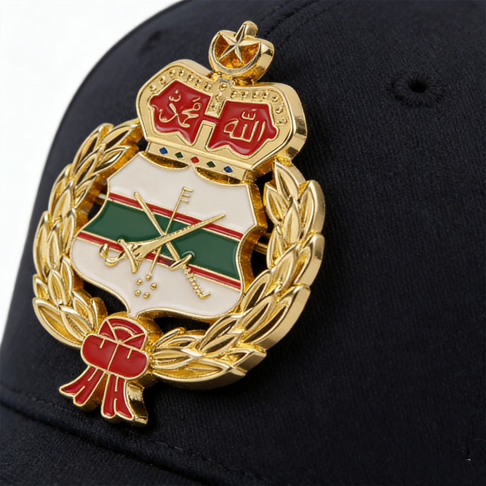 Custom Qatar Military Navy Logo Hat Emblem, 3D Gold Plating Saudi Arab Palm Tree Hat Metal Badge