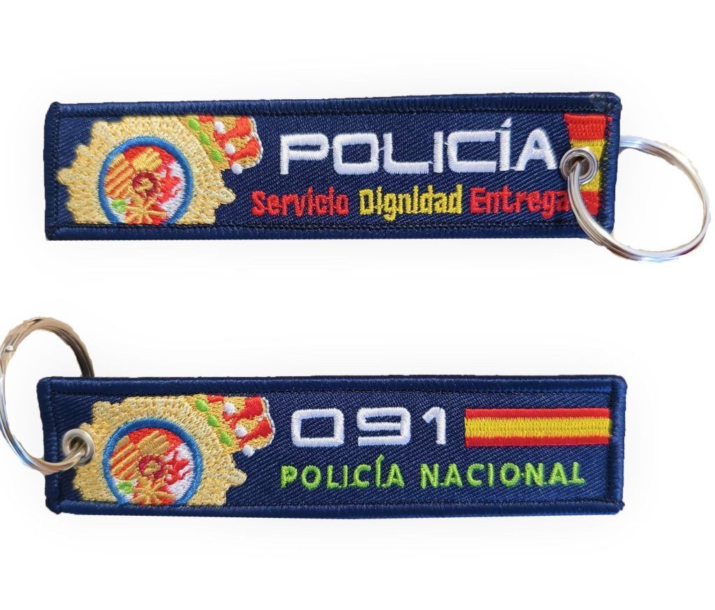 Custom Spain Police Embroidery Key Tag Double Sided Woven Keychain for Uniform and Duty Use OEM