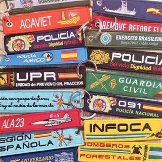 Spanish Police Embroidered Key Tag Custom Woven Fabric Keychain for Identification OEM