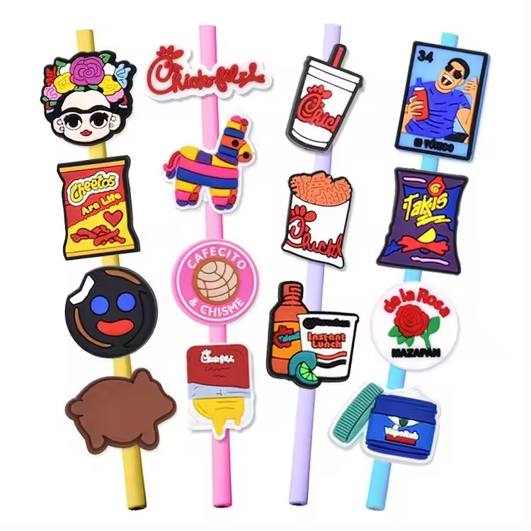 Popular soft pvc reusable fit 6-8 mm straw flower plant butterfly straw topper charms