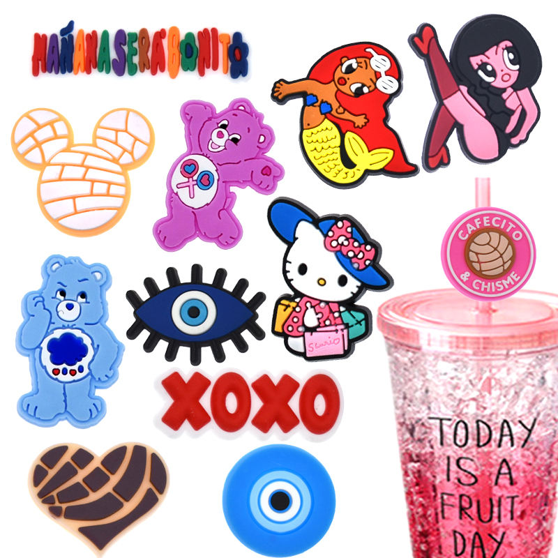 Wholesale pvc fit for 6mm drinking Korean cute cartoon tumbler straw topper holidays silicone Korean straw topper