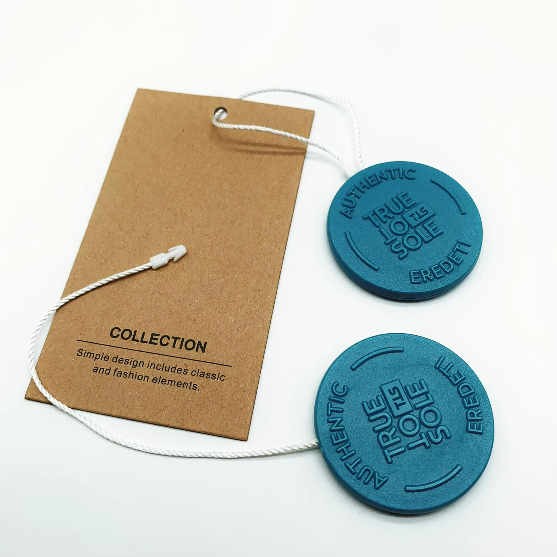 New Design Injection Custom 3D Embossed Name Logo Plastic Hang Seal Tag String for Clothing