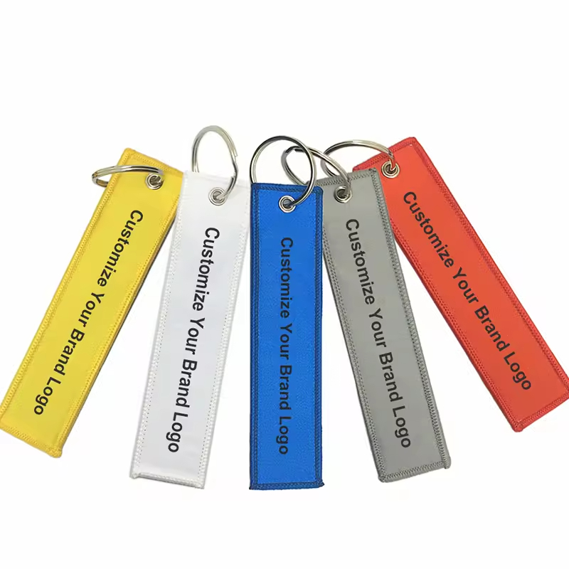 OEM Shape Label Logo Woven Gift Motorcycle Car Polyester Sublimation Embroidered Key Ring Chain Anime Custom Keychain Jet Tags