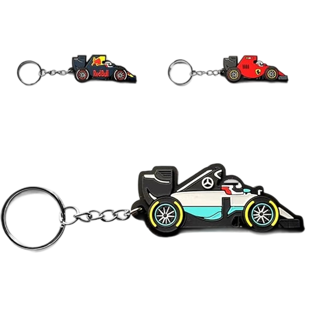 New Arrival Wholesale 2D Cartoon F1 Racing Car Custom Shape PVC Rubber Anime Key Chains Kids' Promotion Sale Accessories
