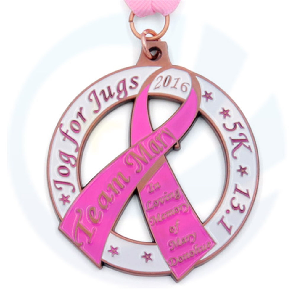 Customized pink ribbon breast cancer awareness charity 5k marathon metal enamel medal