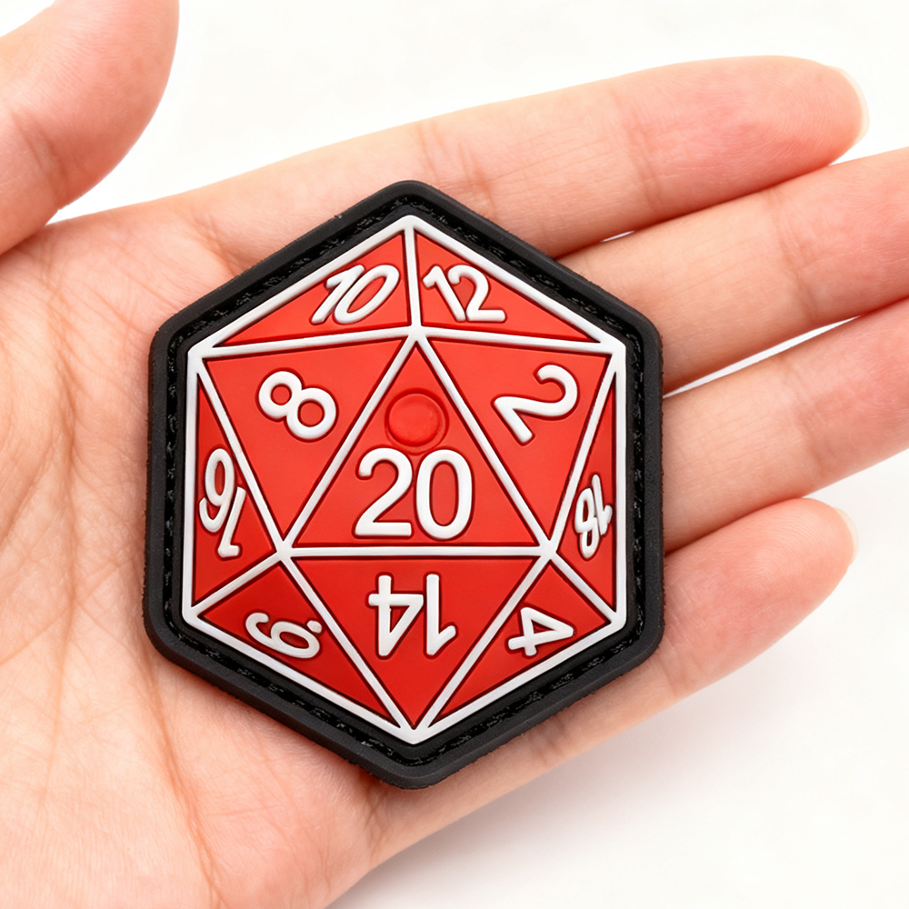 Custom RPG D20 Dice PVC Patch – Soft Rubber 3D Gaming Emblem for Tabletop & Cosplay Accessories