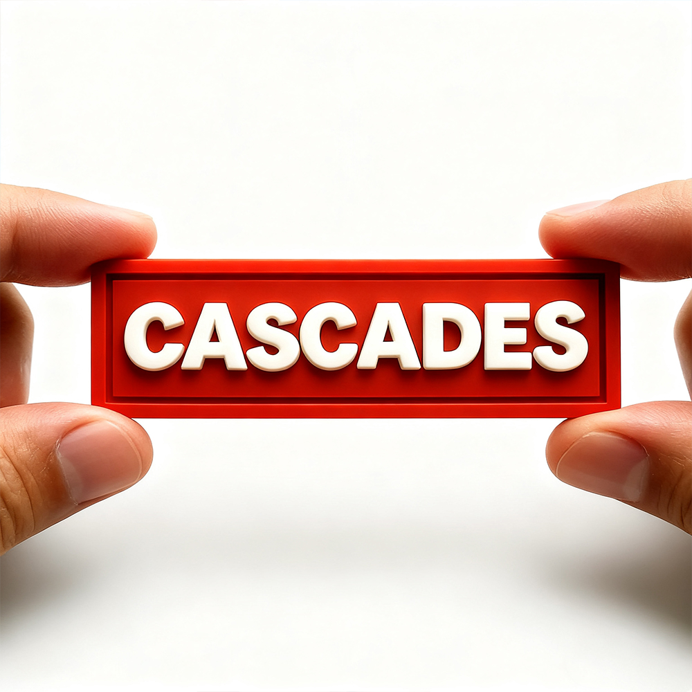 Custom Cascades PVC Label Patch | 3D Rubber Logo Tag with Raised Letters, Durable Soft PVC Emblem for Clothing Bags and Brand Accessories