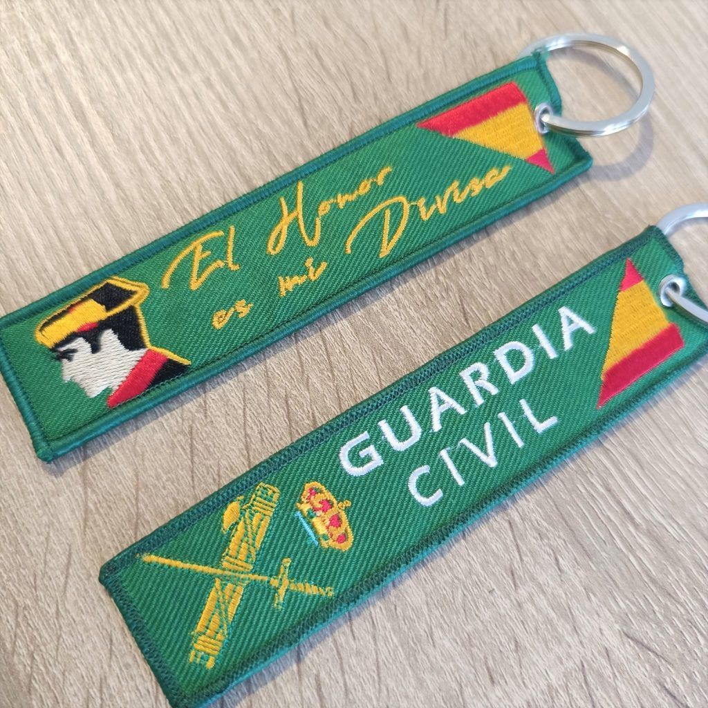 Custom Spain Police Embroidery Key Tag Double Sided Woven Keychain for Uniform and Duty Use OEM