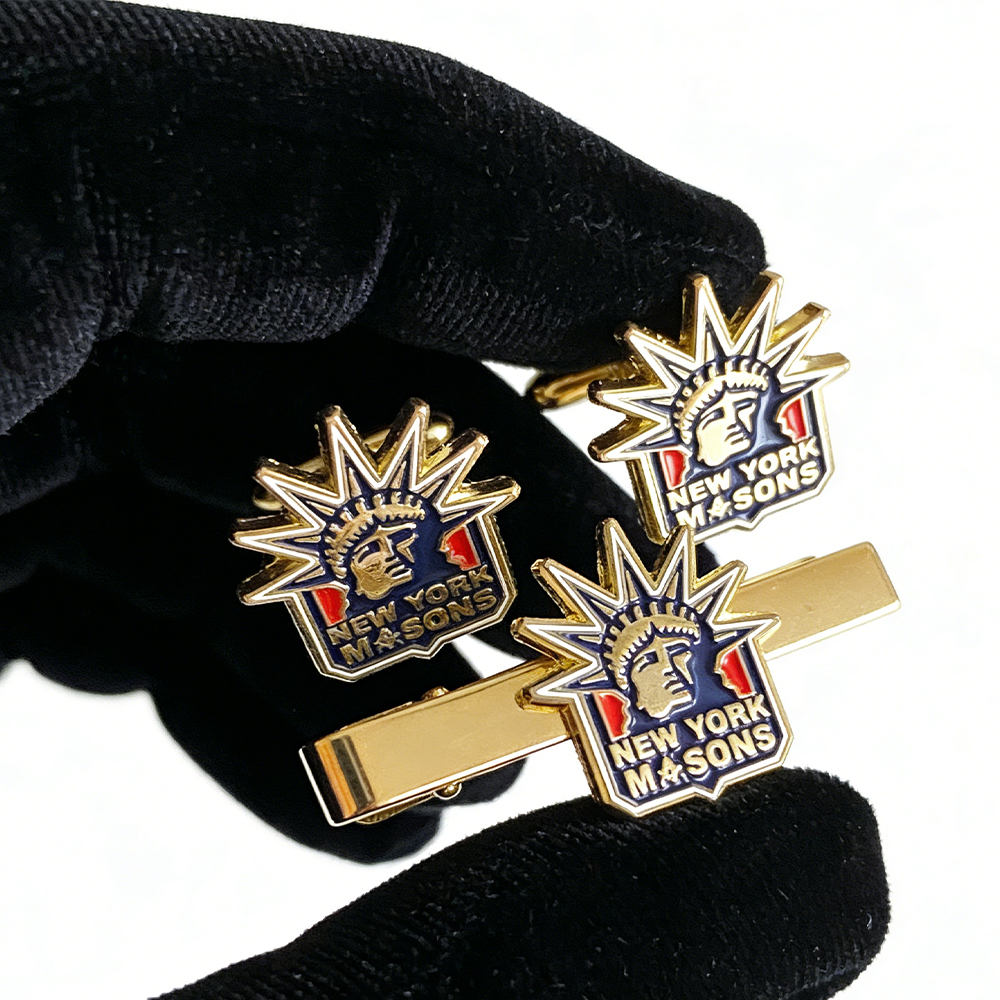 New York Masonic Tie Clip and Cufflinks Set Elegant Metal Mens Accessories for Suits Ceremonies and Collectors