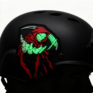 Custom Death Reaper Glow in the Dark PVC Patch 3D Rubber Badge with Hook and Loop Backing for Jackets and Bags