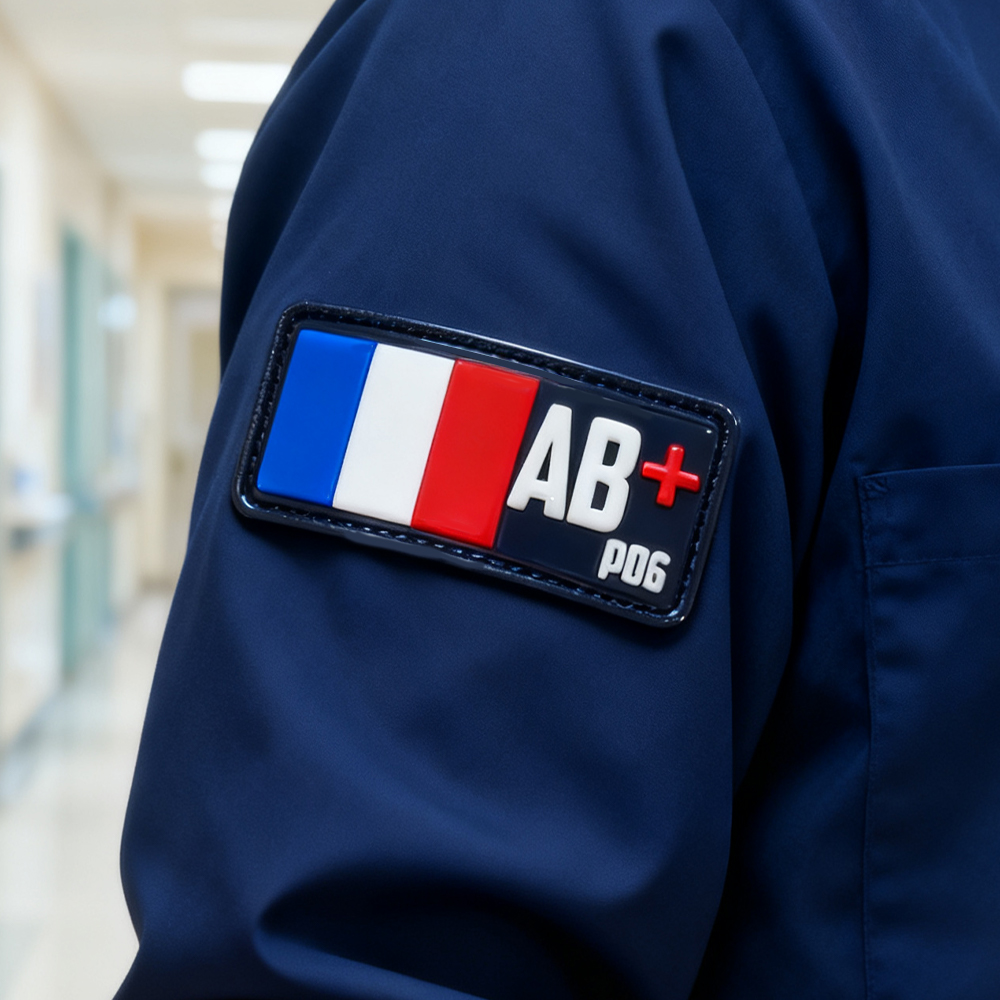 Custom France Flag Blood Type PVC Patch Soft Rubber 3D Embossed Groupe Sanguin Label for Jackets Backpacks and Clothing