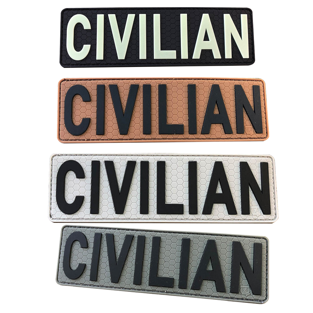 Custom CIVILIAN Patch Glow in the Dark 3D Soft PVC Rubber Patch Night Reflective Emblem Badge for Jackets Bags and Hats