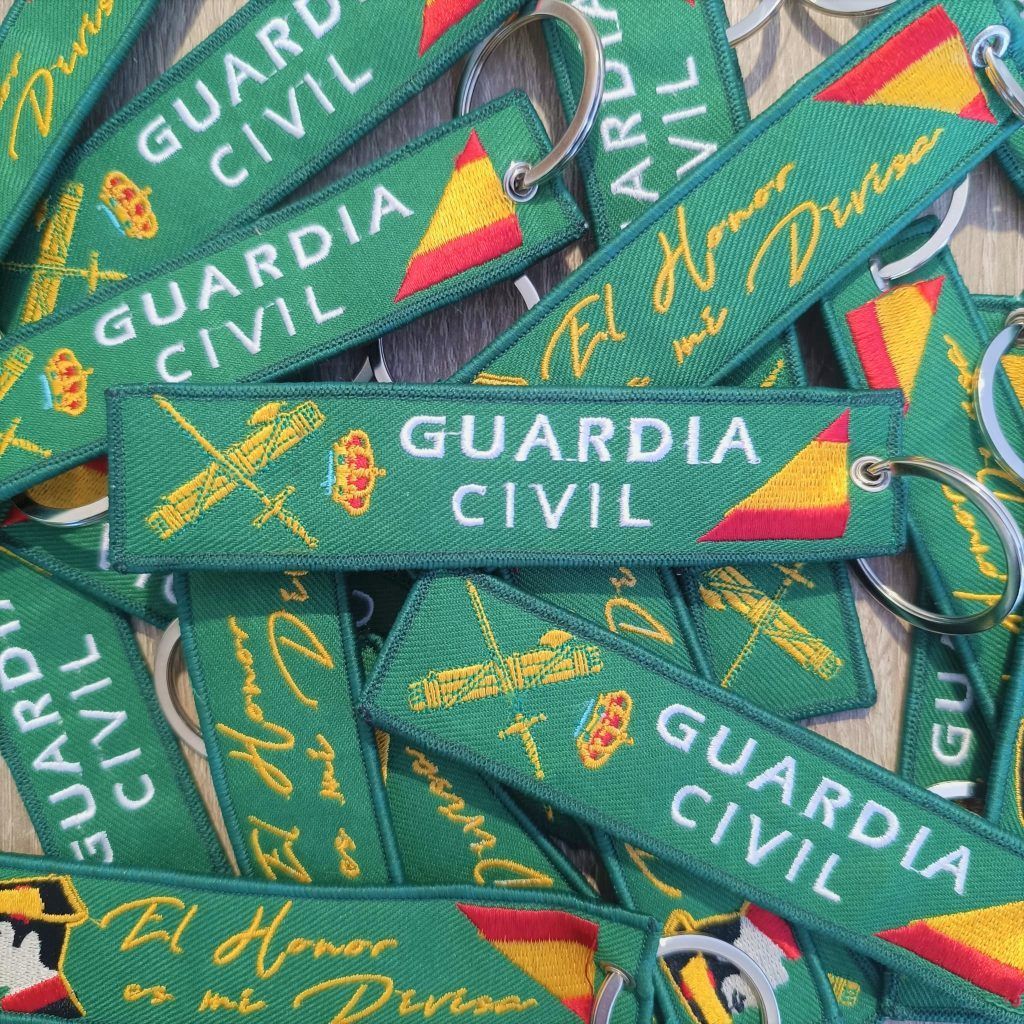 Custom Spain Police Embroidery Key Tag Double Sided Woven Keychain for Uniform and Duty Use OEM