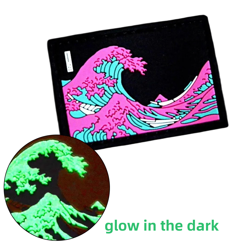 Wholesale Custom 3D Embossed PVC Rubber Patches Soft Japanese Style Huge Waves Heat Transfer Garment Labels for Bags and Clothes