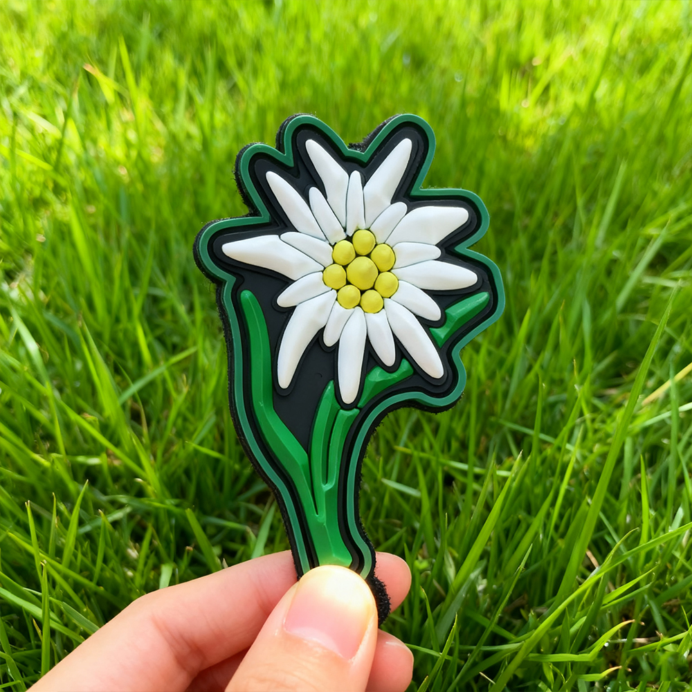 Custom German Edelweiss PVC Patch 3D Soft Rubber Flower Emblem Hook and Loop Patch for Jackets Bags and Collectors
