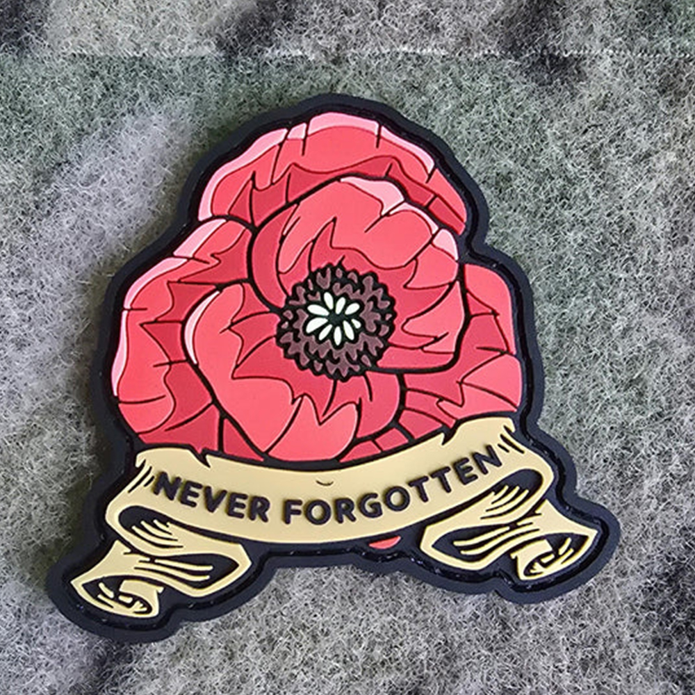 Custom “Never Forgotten” Poppy PVC Patch Soft Rubber Red Flower Memorial Badge Hook and Loop Backing