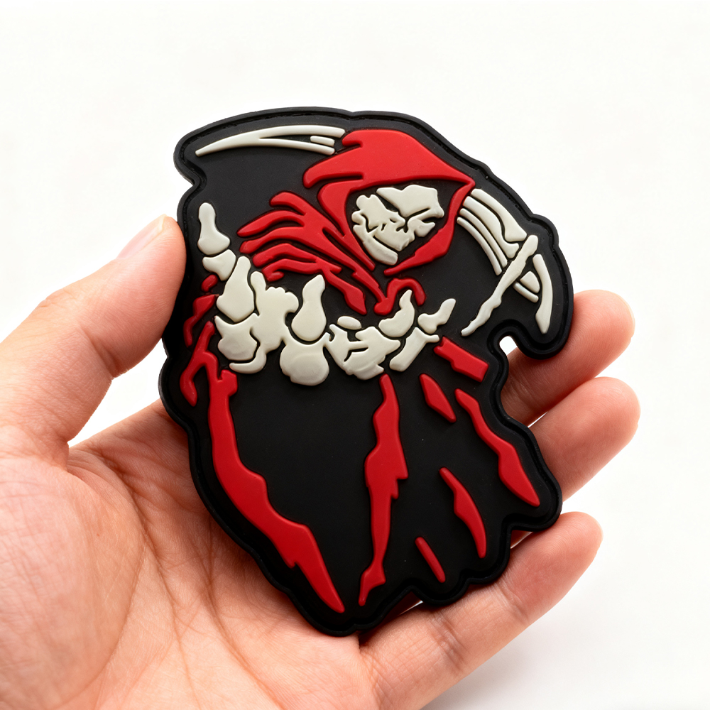 Custom Death Reaper Glow in the Dark PVC Patch 3D Rubber Badge with Hook and Loop Backing for Jackets and Bags