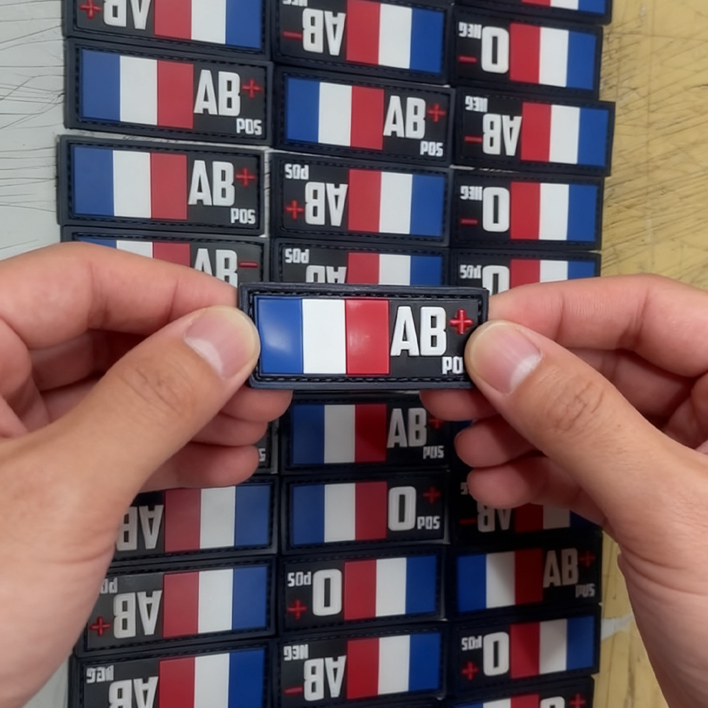 Custom France Flag Blood Type PVC Patch Soft Rubber 3D Embossed Groupe Sanguin Label for Jackets Backpacks and Clothing