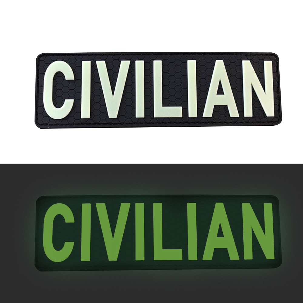 Custom CIVILIAN Patch Glow in the Dark 3D Soft PVC Rubber Patch Night Reflective Emblem Badge for Jackets Bags and Hats